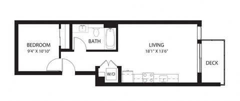 Floor plan for 1 bed, 1 bath, 558 sqft